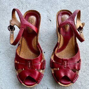 Clarks Artisan Maroon Red Leather Buckle Cork Wedge Heel Peep Toe Sandals 7.5